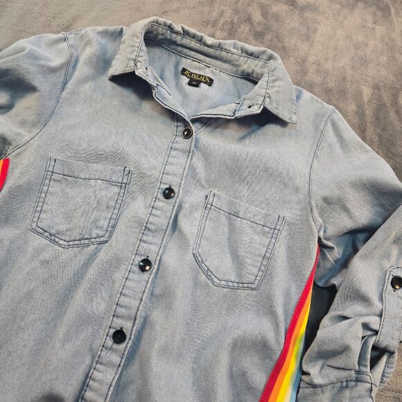Kroix Shirt Womens Medium Blue Chambray Longline Distressed Rainbow Tunic - Picture 5 of 13